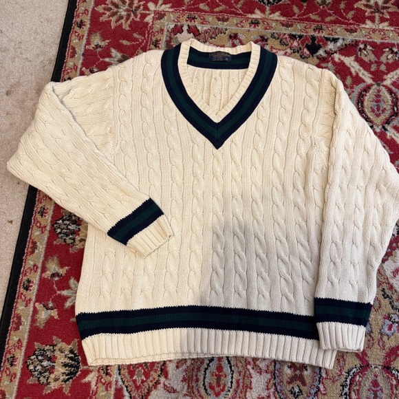 Brooks Brothers Men XL Cable Knit Cricket Sweater Cotton Cream Navy Green Stripe - Picture 2 of 8